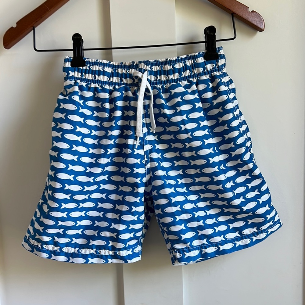 Azul Swimwear Blue Swim Trunks with White Fish Print